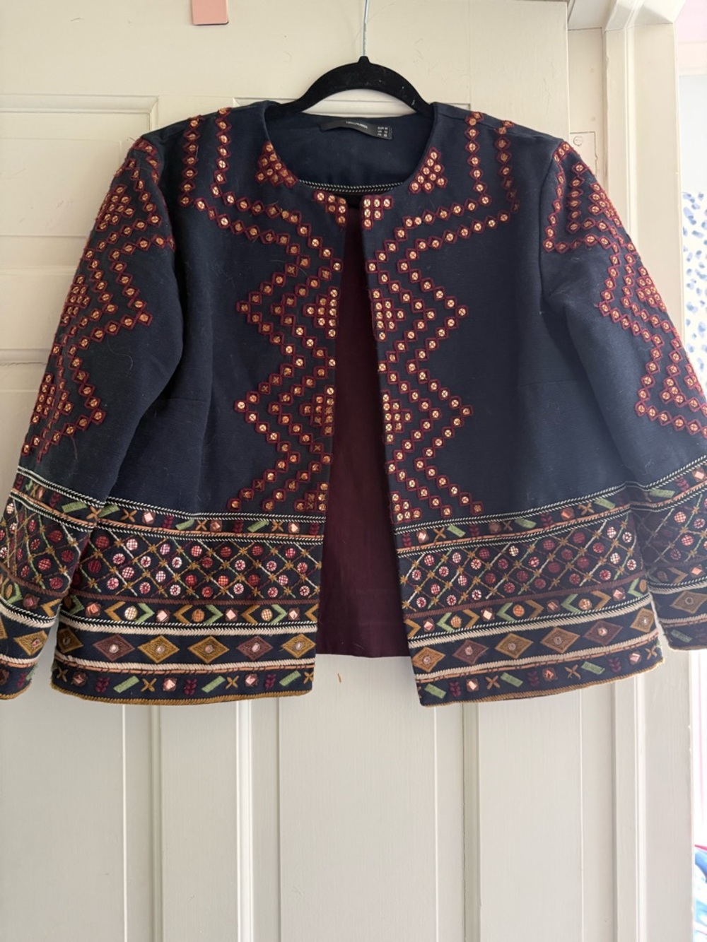 Embroidered Open-Front Navy Jacket with Multicolor Accents